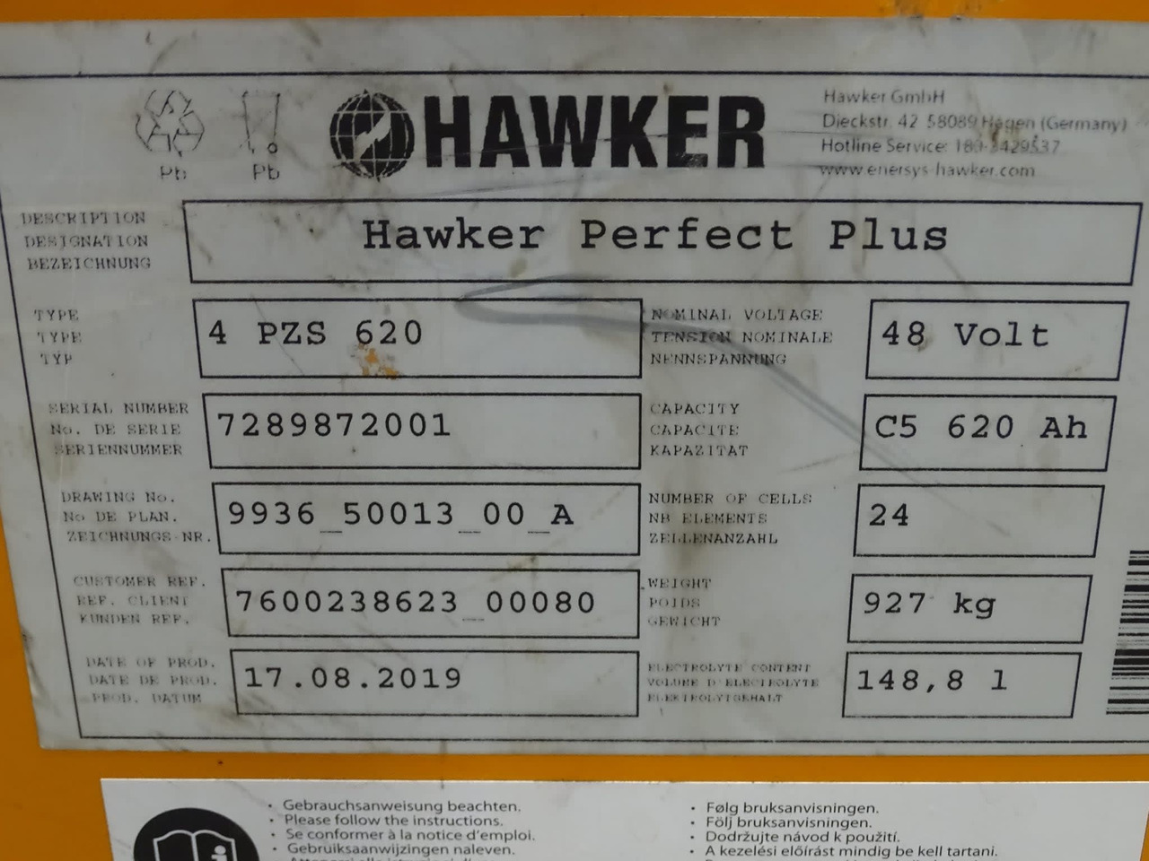 Hawker 48V 620Ah - 电池 适用于 材料装卸设备:图2 Hawker 48V 620Ah - 电池 适用于 材料装卸设备:图2