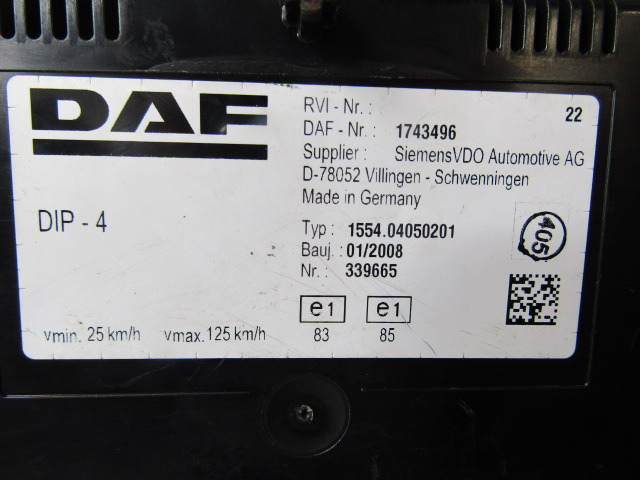 DAF XF 105 CLOCK CLUSTER P/NO 1743496 - 电气系统 适用于 卡车:图2 DAF XF 105 CLOCK CLUSTER P/NO 1743496 - 电气系统 适用于 卡车:图2