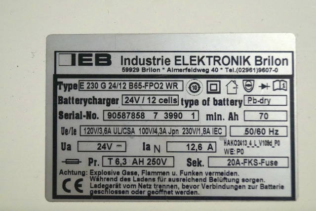 IEB 90587858 | IEB charger EFG 230 G 24/12 B65-FP02 WR 24V12,6A 220V 50/60Hz fro - 电池 适用于 材料装卸设备:图2 IEB 90587858 | IEB charger EFG 230 G 24/12 B65-FP02 WR 24V12,6A 220V 50/60Hz fro - 电池 适用于 材料装卸设备:图2