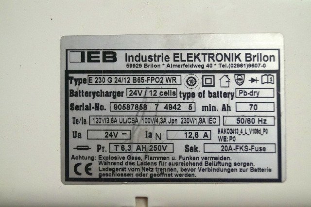 IEB 90587858 | IEB charger EFG 230 G 24/12 B65-FP02 WR 24V12,6A 220V 50/60Hz fro - 电池 适用于 材料装卸设备:图2 IEB 90587858 | IEB charger EFG 230 G 24/12 B65-FP02 WR 24V12,6A 220V 50/60Hz fro - 电池 适用于 材料装卸设备:图2