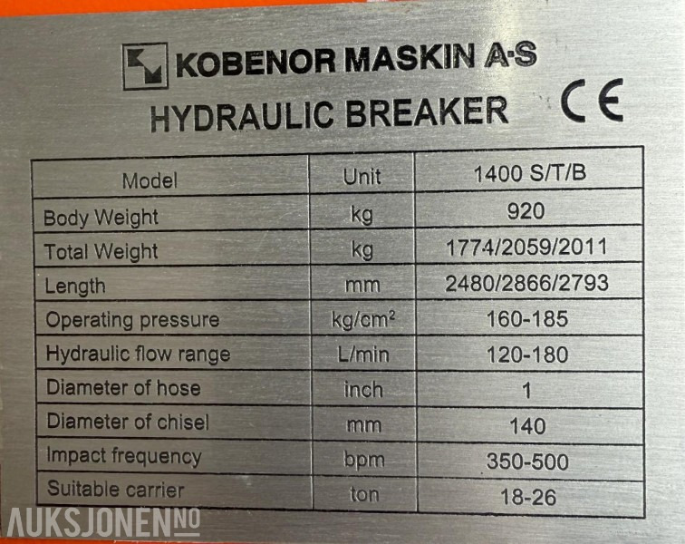 Ny KM 1400 Pigghammer med s70 HK feste - 液压锤:图5 Ny KM 1400 Pigghammer med s70 HK feste - 液压锤:图5