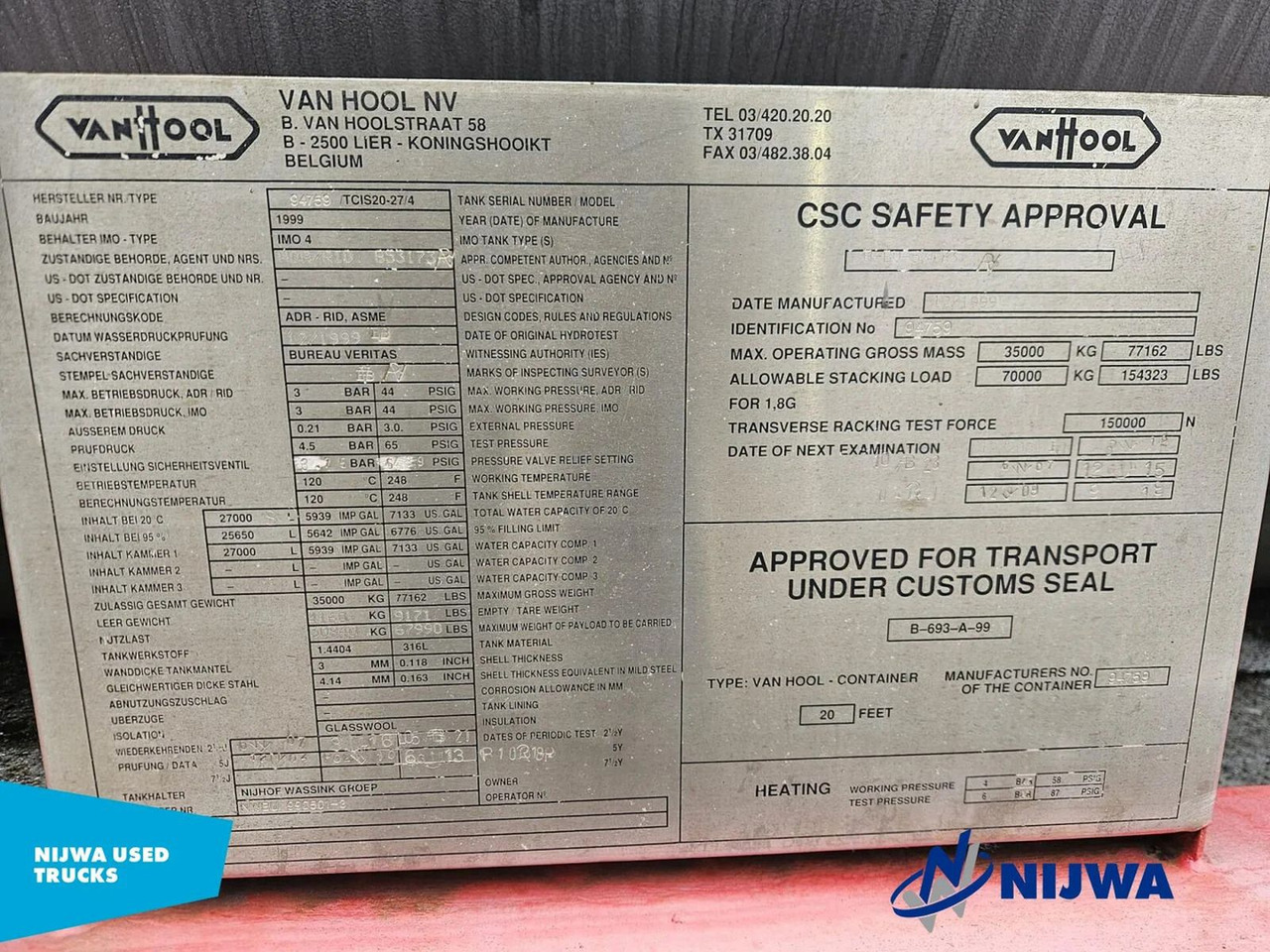 Vanhool TCIS20-27/4 20 FT Container - Non ADR - 罐式集装箱:图4 Vanhool TCIS20-27/4 20 FT Container - Non ADR - 罐式集装箱:图4